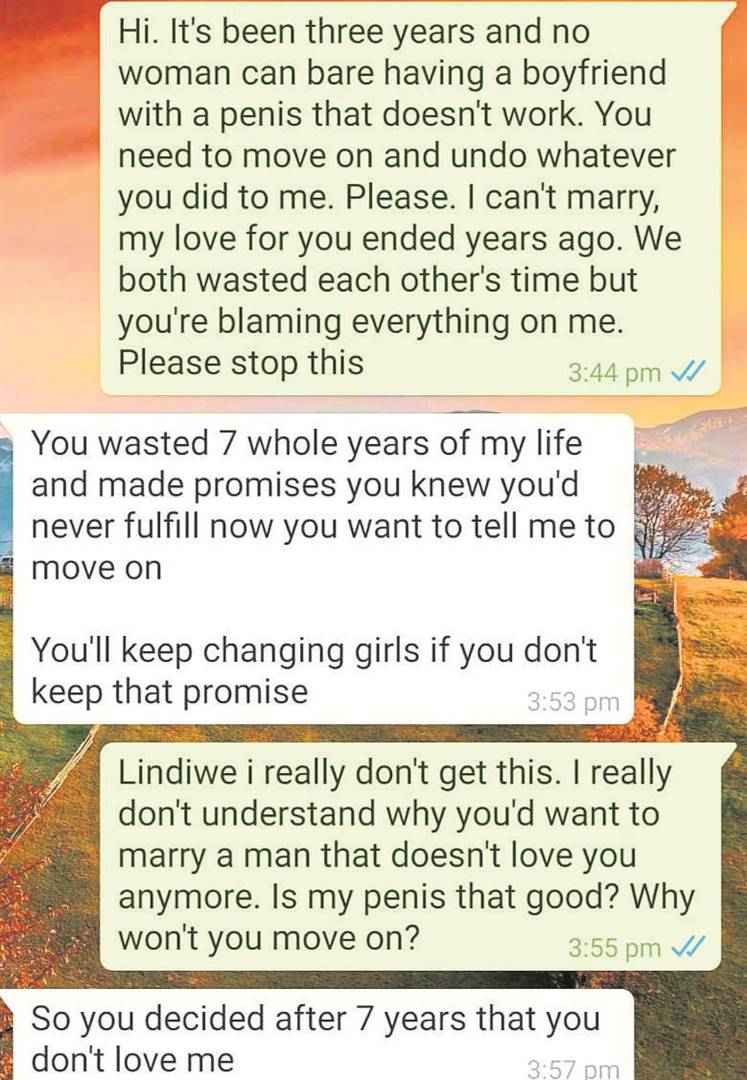 A WhatsApp conversation between Nicholas Mofokeng and his ex Lindiwe Zungu. 