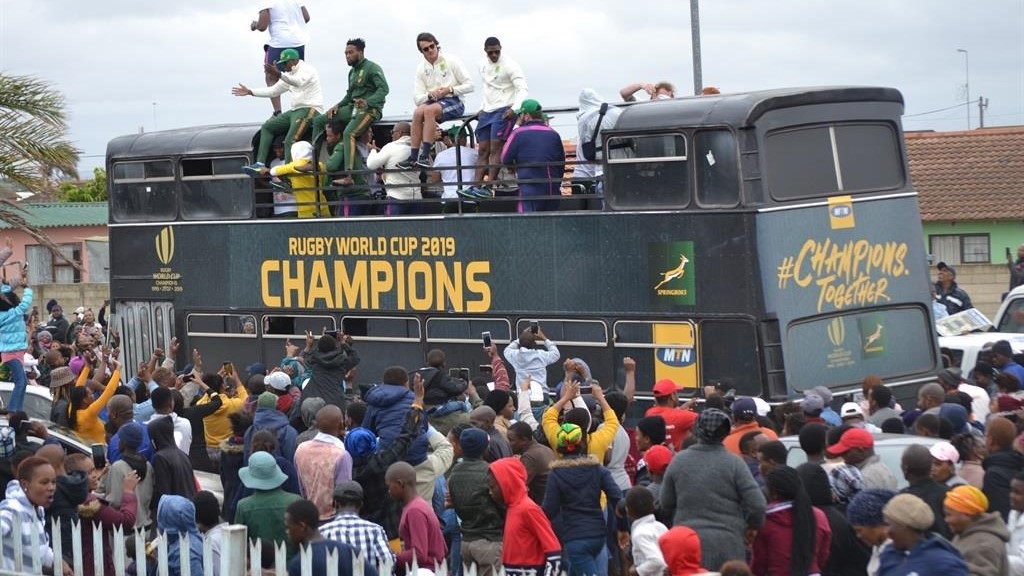 A large crowd celebrates with the Springboks after they won the Rugby World Cup in 2019. Photo by Luvuyo Mehlwana