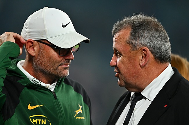 Outgoing Springbok and All Black coaches Jacques Nienaber and Ian Foster.