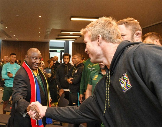 <em>President Cyril Ramaphosa meeting the Springboks.</em>