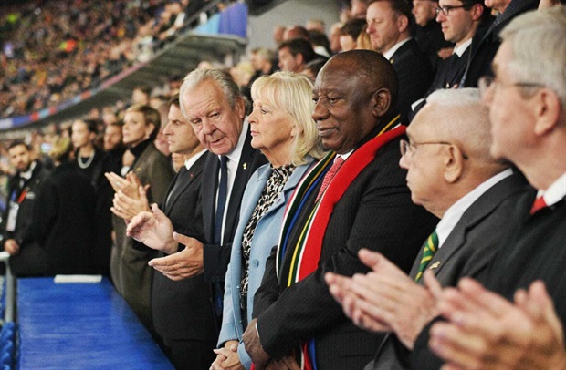 <em>President Cyril Ramaphosa is among the many dignitaries in the Stade de France where the Springboks lead the All Blacks 12-6 at half time. Photo: GCIS</em>