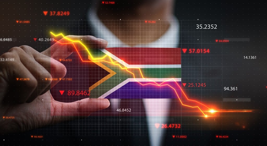 Graph Falling Down in Front Of South Africa Flag. Crisis Concept
