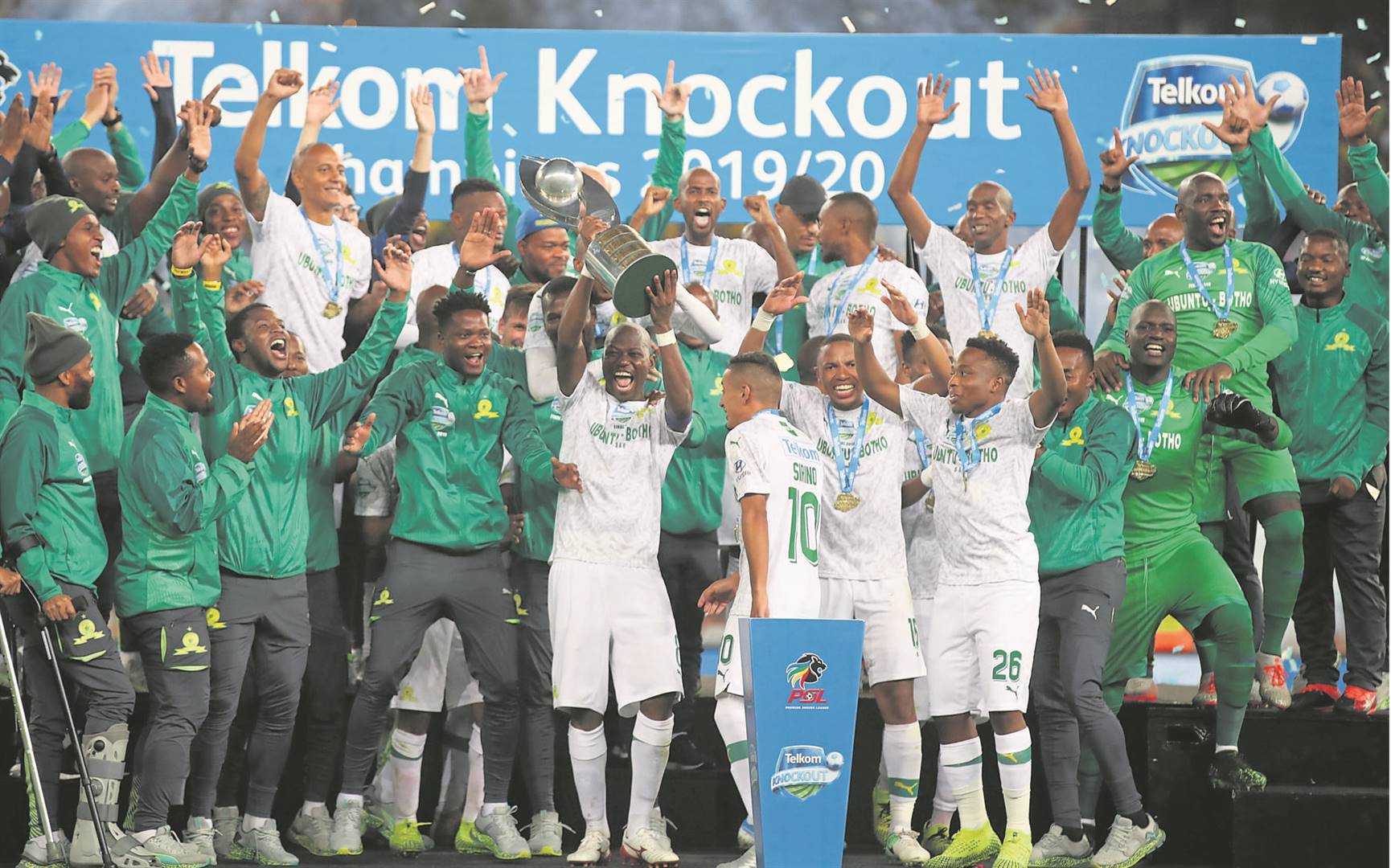 Mamelodi Sundowns are crowned winners of the Telkom Knockout after beating Maritzburg United at Moses Mabhida Stadium in Durban. Picture: Samuel Shivambu/BackpagePix