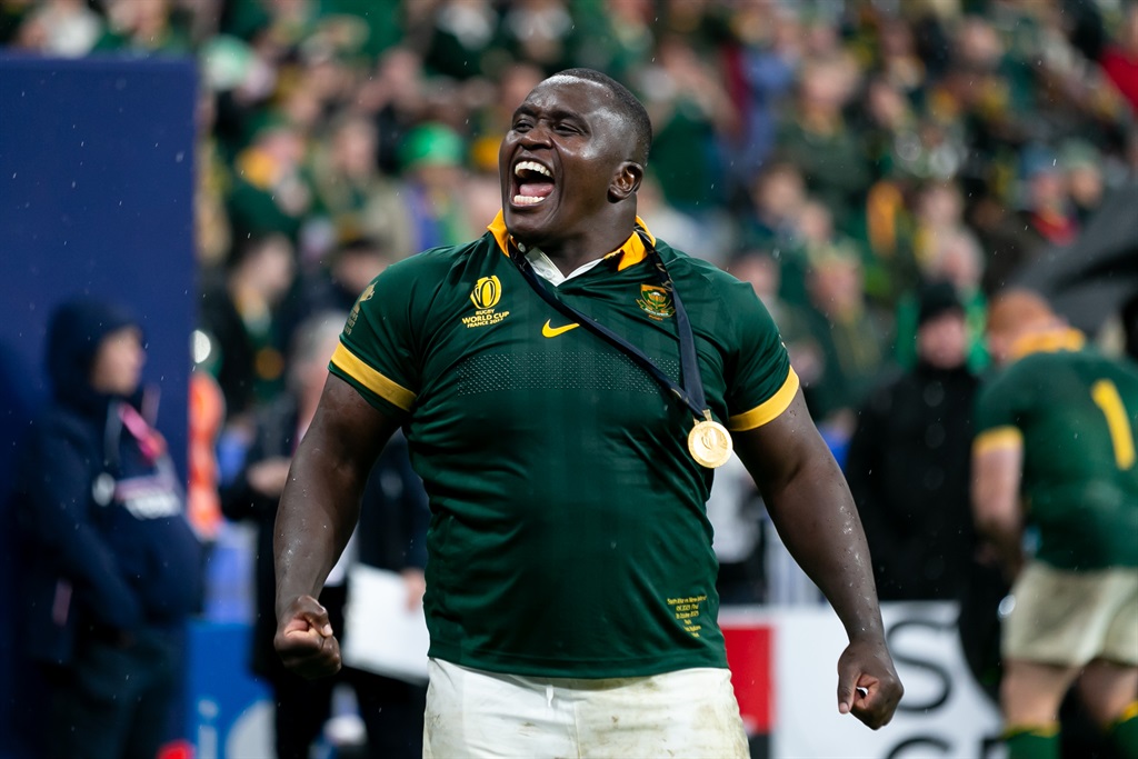 Trevor Nyakane celebrates after their sides victory in the Rugby World Cup 2023 final match between New Zealand and South Africa at Stade de France on 28 October 2023 in Paris, France.