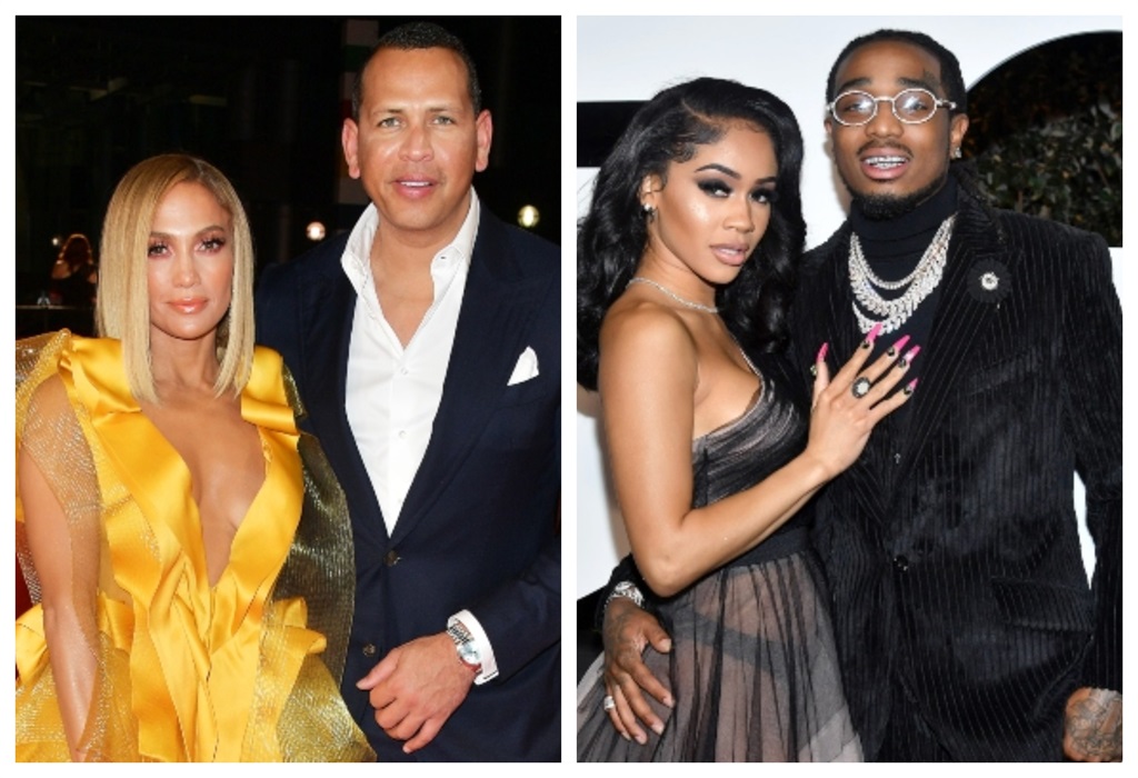 Jennifer Lopez and Alex Rodriuez (L) and Saweetie and Quavo. Photographed  by George Pimentel and Amy Sussman. Collage by Futhi Masilela