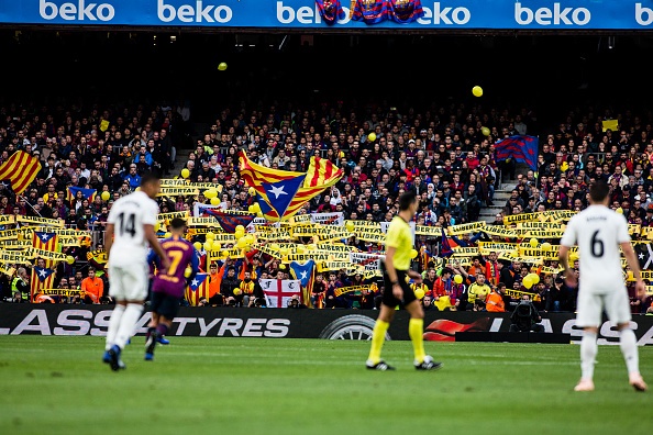 Pro Catalan Independence symbols and flags claiming freedom for political prisoners during the Spanish championship La Liga football match &quot;El Classico&quot; between FC Barcelona and Real Sociedad on October 28, 2018 at Camp Nou stadium in Barcelona, Spain.