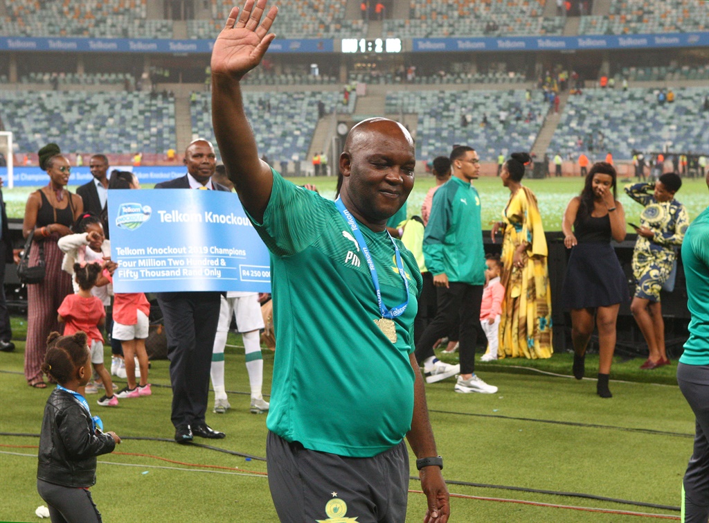 Pitso Mosimane of Mamelodi Sundowns celebrate during the Telkom Knockout 2019 Final match between Maritzburg United and Mamelodi Sundowns at Moses Mabhida Stadium on December 14, 2019 in Durban, South Africa. 