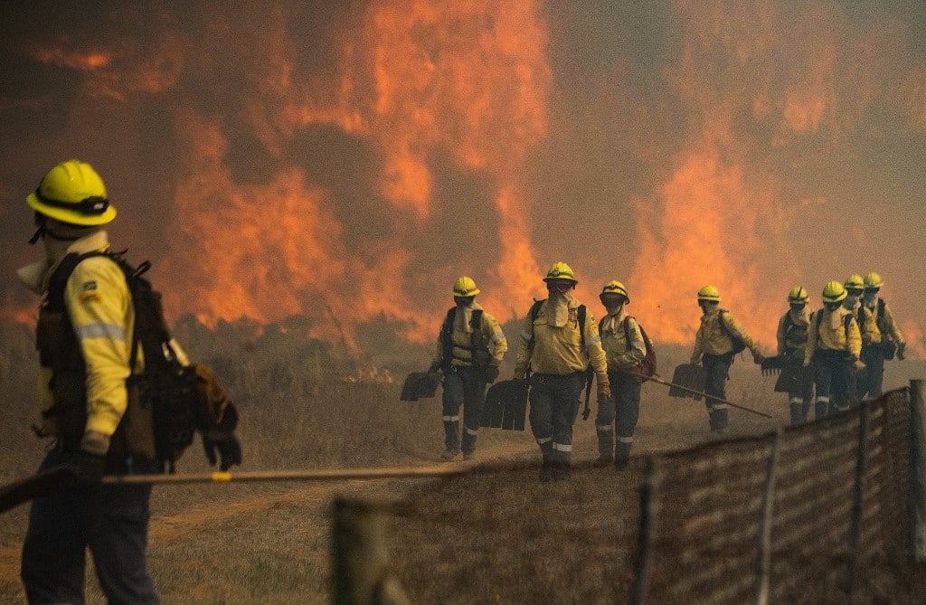 Firefighters leave an area where the flames became too aggressive, as a forest fire burns out of control on the foothills of Table Mountain.
