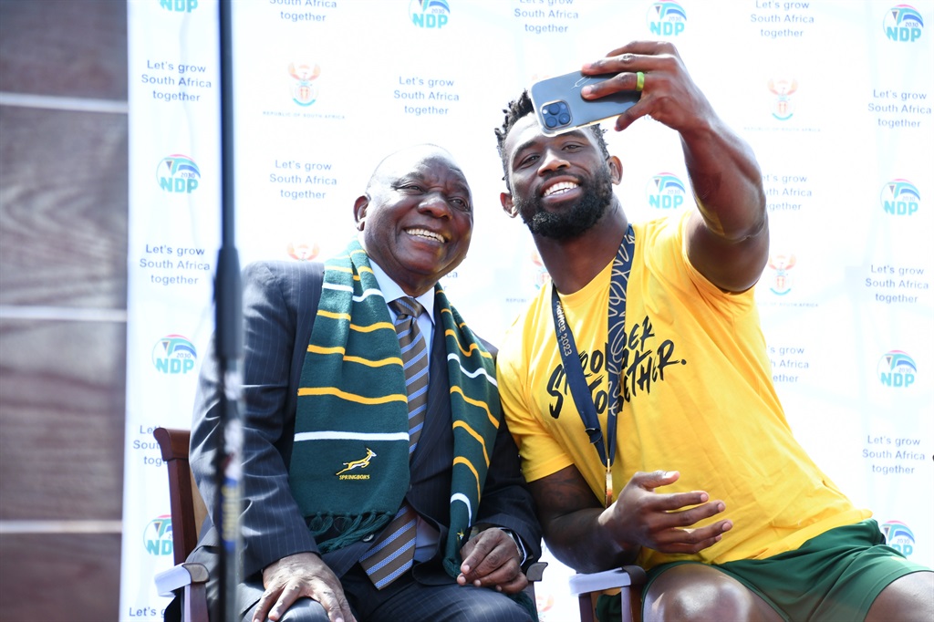 Cyril Ramaphosa  and Siya Kolisi during a Springboks Welcome Ceremony to the Union Buildings on 2 November 2023 in Pretoria, South Africa. The  ceremony to the Union Buildings for the national team signifies the start of the Rugby World Champions? National Trophy Tour after the Springboks won the 2023 Rugby World Cup against New Zealand at the finals in Paris. 