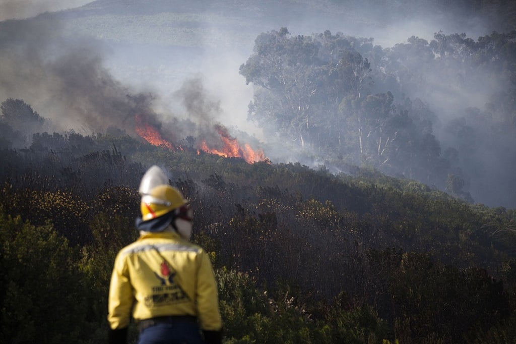 A firefighter surveys the flames from a distance in the Vredehoek area of Cape Town on 19 April 2021.