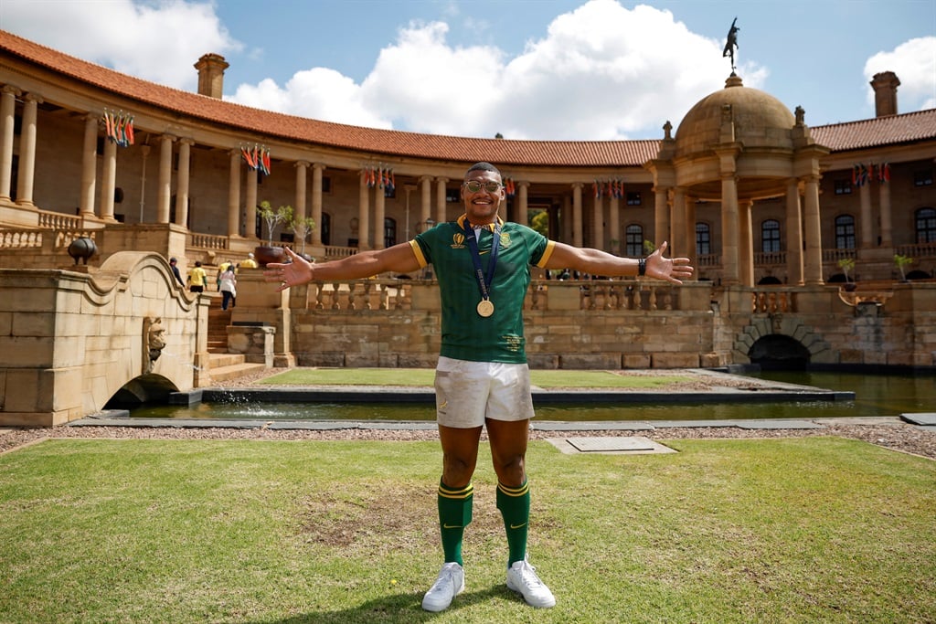 South Africa's full-back Damian Willemse, wearing 