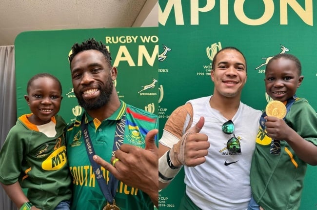 Desmond "Desi" Koolen meets Springbok captain Siya Kolisi and wing Cheslin Kolbe. (PHOTO: Instagram/@lifeaccordingtodesi)