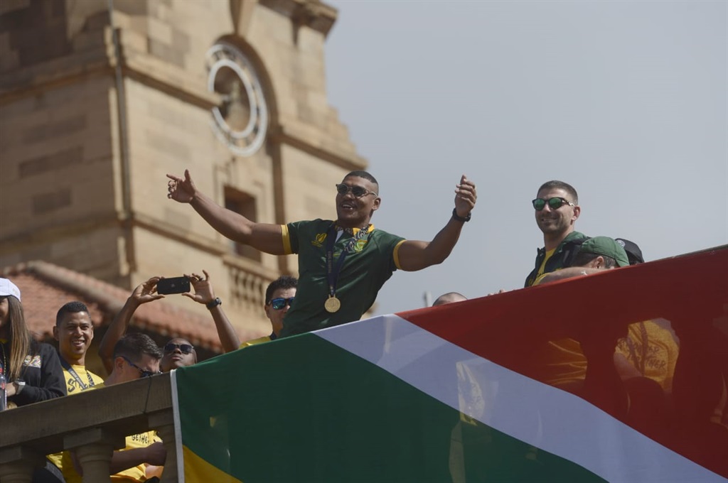 President Cyril Ramaphosa welcomes the Springboks at the Union Buildings. Photo by Raymond Morare 