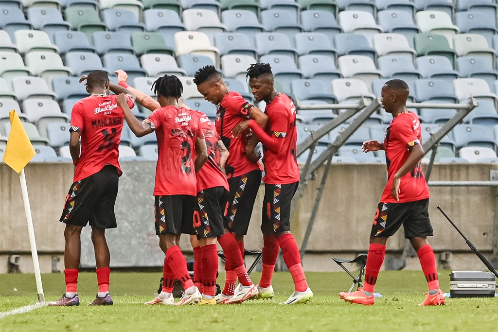 DURBAN, SOUTH AFRICA - DECEMBER 03: TS Galaxy celebrates the second goal during the Carling Knockout, semi-final match between AmaZulu FC and TS Galaxy FC at Moses Mabhida Stadium on December 03, 2023 in Durban, South Africa. (Photo by Darren Stewart/Gallo Images)