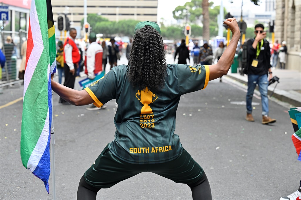 A Springbok fan celebrates South Africa's triumph at the Rugby World Cup. Photo by Lesley Piet