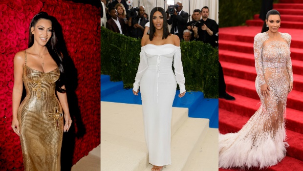 A few of the red carpet gowns Kim Kardashian has stored in her fashion archive. Collage by Afika Jadezweni