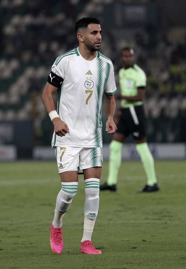 Algerias Riyad Mahrez is fighting for the ball during the 2024 Africa Cup of Nations (CAN) Group D football match between Algeria and Angola at the Stade de la Paix in Bouake, on January 15, 2024. (Photo by Anis / APP/NurPhoto via Getty Images)