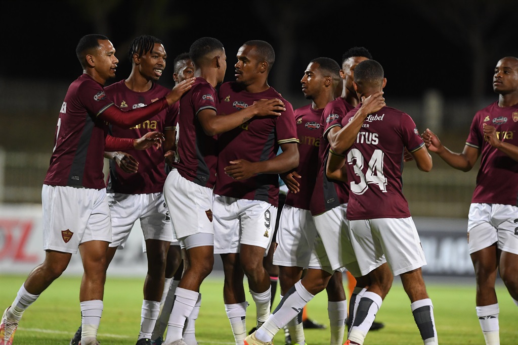 POLOKWANE, SOUTH AFRICA - NOVEMBER 03: Iqraam Rayners of Stellenbosch FC celebrates goal with team mates during the Carling Knockout, quarter final match between Polokwane City and Stellenbosch FC at Old Peter Mokaba Stadium on November 03, 2023 in Polokwane, South Africa. (Photo by Philip Maeta/Gallo Images)