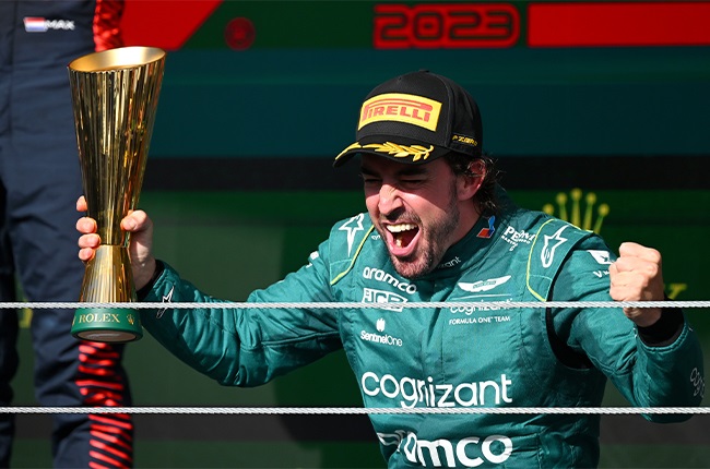 Fernando Alonso celebrating his P3 in the 2023 Brazil Grand Prix. (Clive Mason/Getty Images)