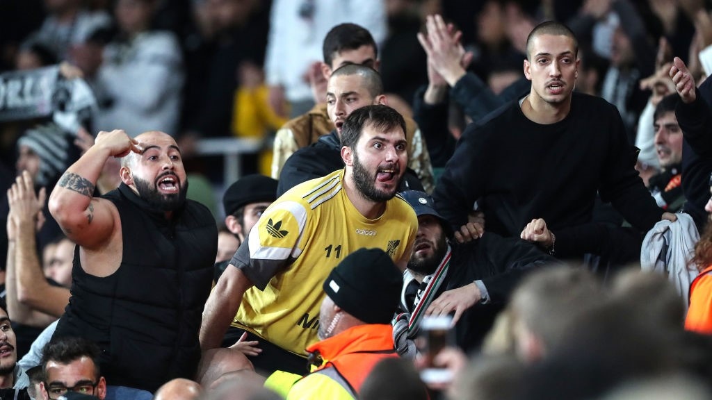 Furious Vitoria fans hurl abuse at Arsenal fans after losing a UEFA cup match in October. Picture: Charlotte Wilson/Offside/Offside via Getty Images