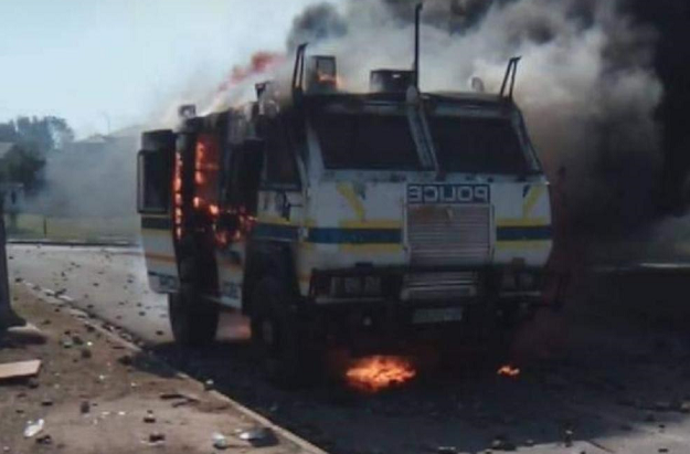 A police nyala which went up in flames during student protests at Walter Sisulu University. 