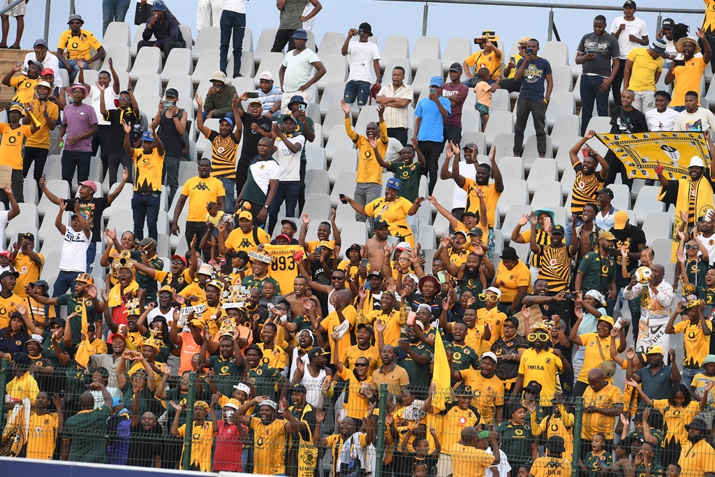 JOHANNESBURG, SOUTH AFRICA - NOVEMBER 26: Kaizer Chiefs fans celebrates during the DStv Premiership match between Moroka Swallows and Kaizer Chiefs at Dobsonville Stadium on November 26, 2023 in Johannesburg, South Africa. (Photo by Lefty Shivambu/Gallo Images)