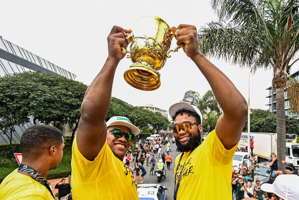 Bongi Mbonambi and Lukhanyo Am during the South Africa national rugby team trophy tour on 4 November 2023 in Durban. 