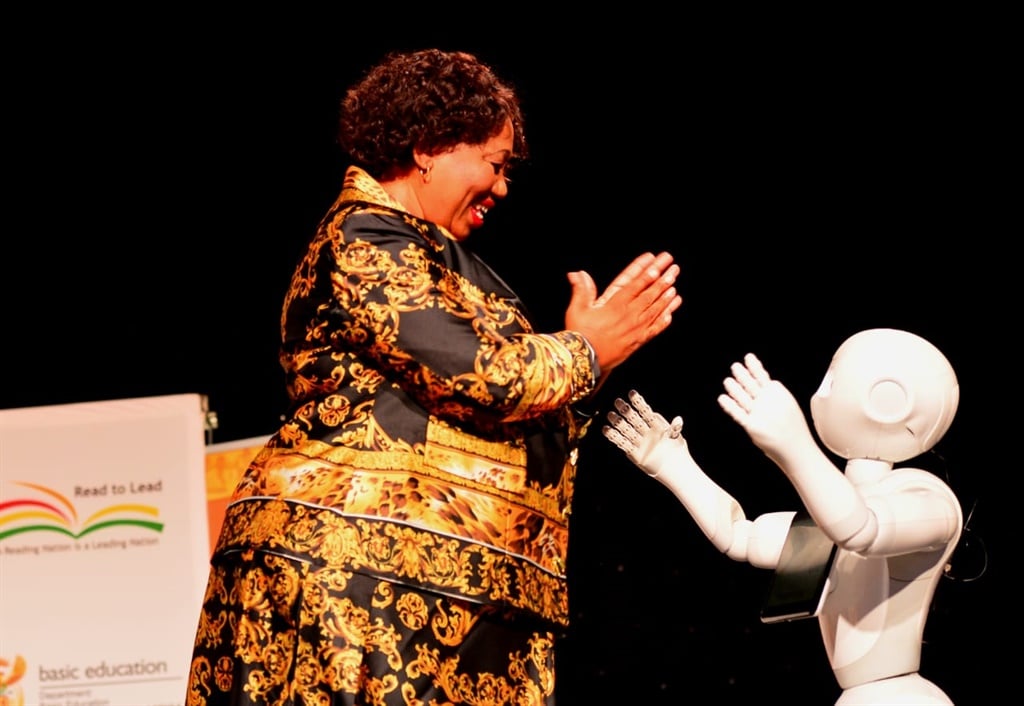 Basic Education Minister Angie Motshekga with Pepper the robot. (Morapedi Mashashe)