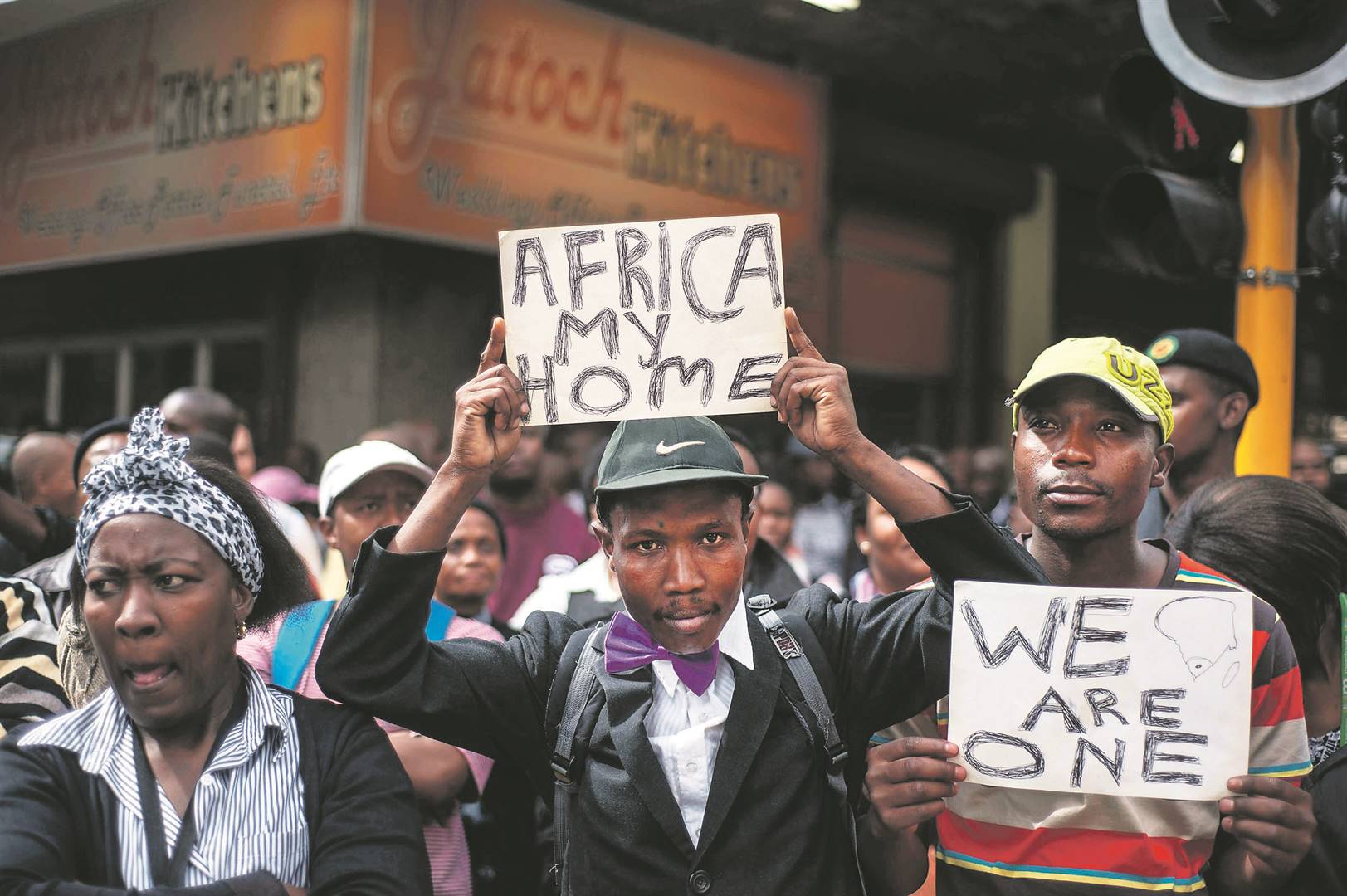 proudly African Protesters attend an anti-xenophobia demonstration in Johannesburg in 2015. SA acted swiftly in closing its borders to everyone when the Covid-19 coronavirus pandemic hit the countryPHOTO: Ihsaan Haffejee / Anadolu Agency / Getty images