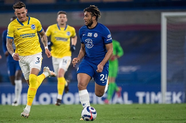 Chelsea’s Reece James (right) and Brighton & Hove Albion’s Ben White in action during the Premier League match at Stamford Bridge on 20 April 2021. (Photo by Sebastian Frej/MB Media/Getty Images)