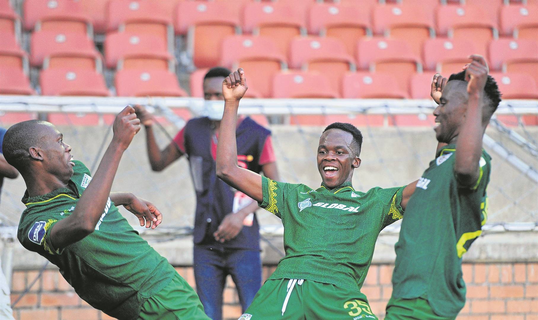 Evidence Makgopa (middle) had a lot of support from his Baroka teammates and is happy to announce his recovery following a big miss. Photo by BackpagePix