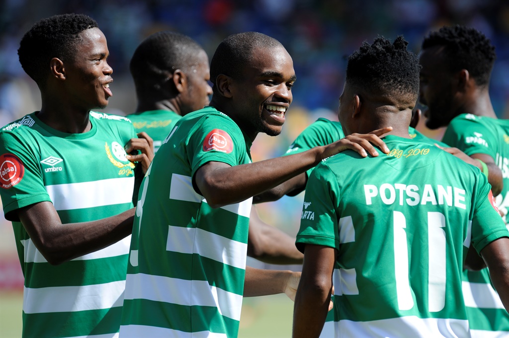 Siphelele Luthuli celebrating his goal with Tebogo Potsane during their Premiership match against  Black Leopards at the Dr Molemela Stadium.