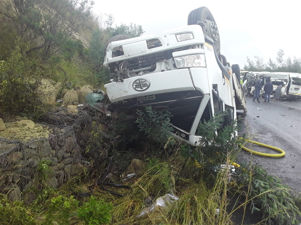 The truck overturned  after colliding with minibus  taxi. Photo supplied