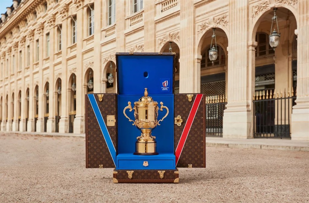 Webb Ellis Rugby World Cup in a limited edition Louis Vuitton case.