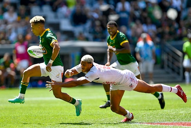 Ronald Brown on the charge for the Blitzboks. (Photo by Ashley Vlotman/Gallo Images)