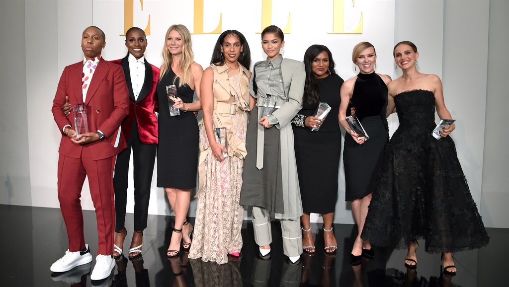 Host Issa Rae (2nd from L) poses with honorees Lena Waithe, Gwyneth Paltrow, Melina Matsoukas, Zendaya, Mindy Kaling, Scarlett Johansson, and Natalie Portman during ELLE's 26th Annual Women In Hollywood Celebration. (Photo by Michael Kovac/Getty Images for ELLE)