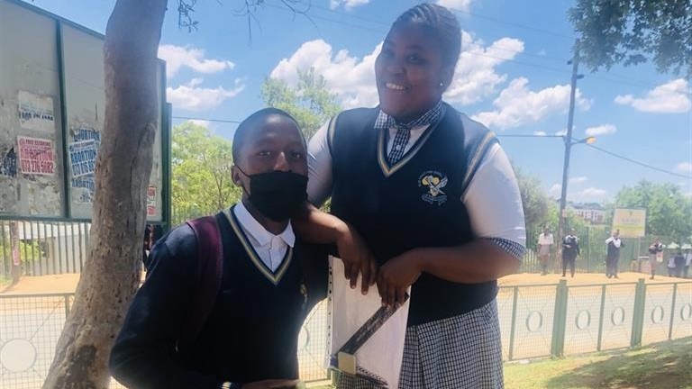 Nhlanhla Motlanthe and Bonolo Matsogo from Blue Eagle High School in Cosmo City enjoyed their history exam. Photo by Sylvester Sibiya
