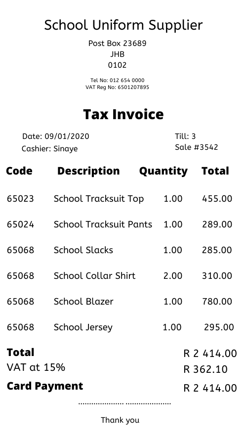 mock till slip with school uniform prices 