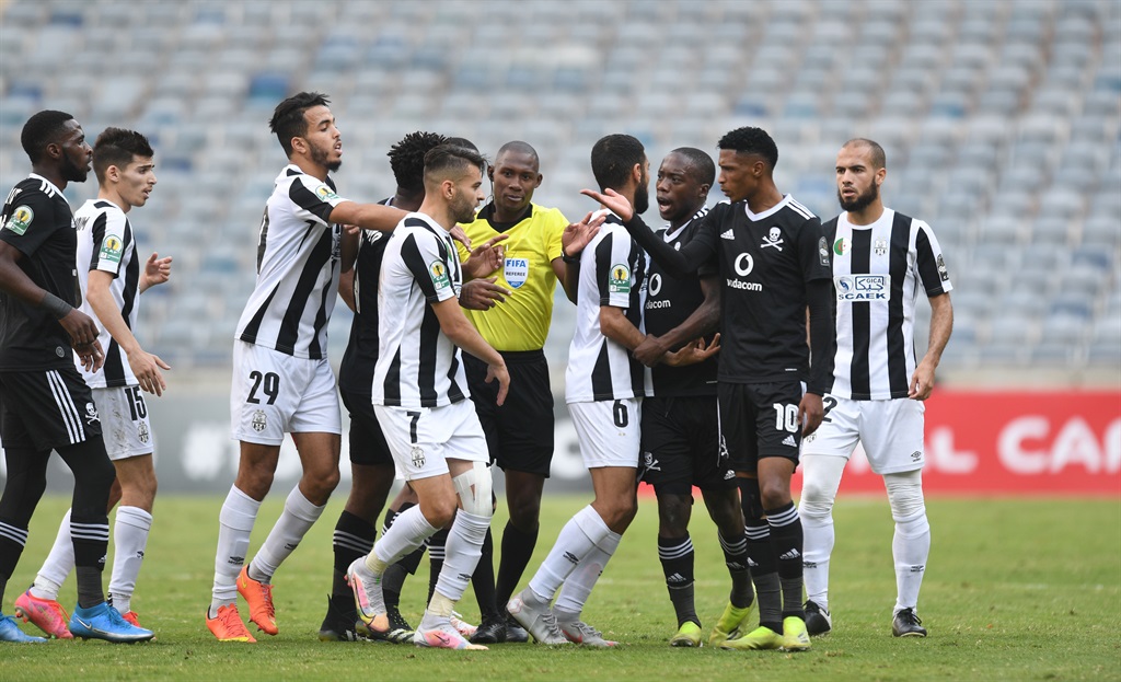 Orlando Pirates and ES Setif players during the 2021 CAF Confederation Cup  match between  Orlando Pirates and ES Setif  on the 21 April 2021 at Orlando Stadium  Pic Sydney Mahlangu/BackpagePix