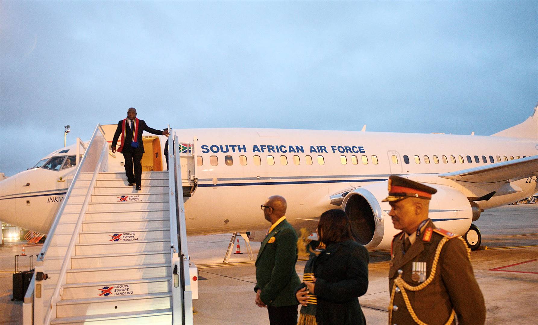 President Cyril Ramaphosa steps off the official jet where lavish meals appear to be the order of the day.