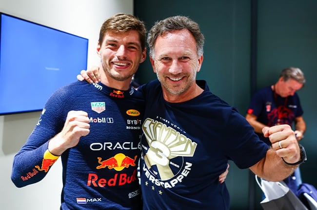 Max Verstappen (left) and Red Bull team boss Christian Horner celebrate the 2023 F1 Championship. (Mark Thompson/Getty Images)