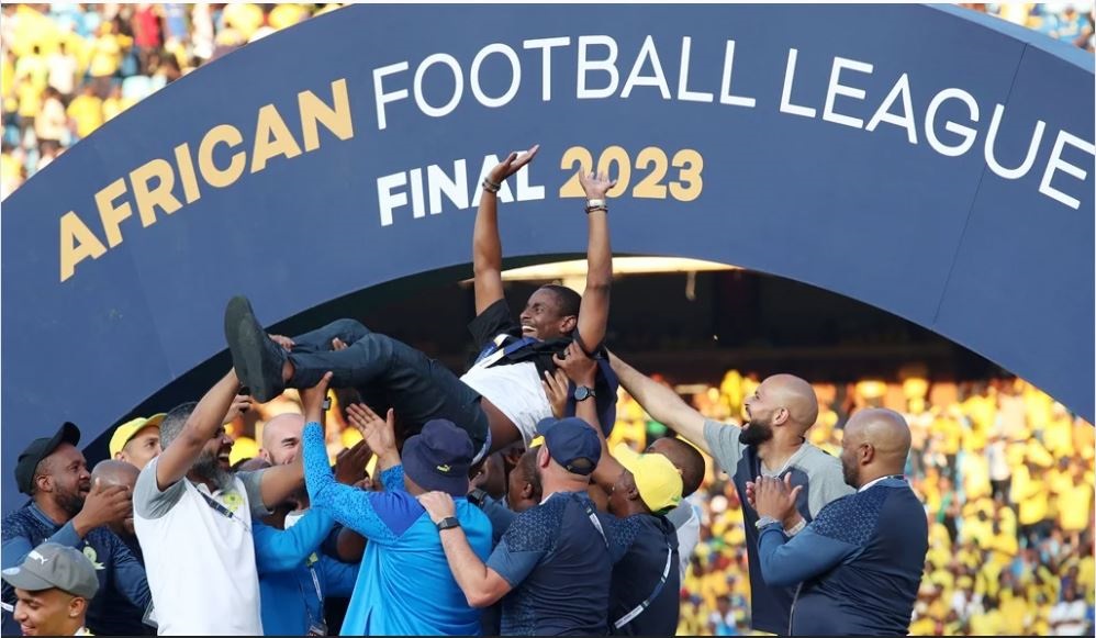 Rhulani Mokwena, head coach of Mamelodi Sundowns, celebrating with the technical staff during the African Football League 2023 Final match between his team and Waydad Casablanca at the Lotus Stadium in Tshwane on Sunday, 12 November. Photo by BackpagePix