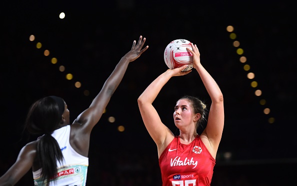  Eleanor Cardwell of Vitality Roses shoots at goal during the Vitality Netball Nations Cup 2020 match between Vitality Roses and South Africa SPAR Proteas at Arena Birmingham on January 22, 2020 in Birmingham, England.