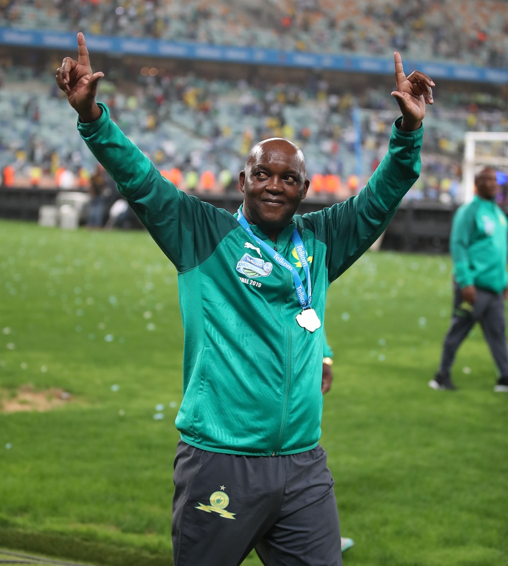 Pitso Mosimane, coach of Mamelodi Sundowns celebrates victory during the 2019 Telkom Knockout final match between Maritzburg United and Mamelodi Sundowns at Moses Mabhida Stadium Durban, on 14 December 2019
