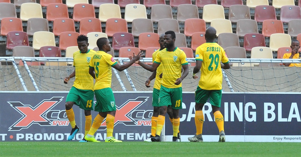 Knox Mutizwa of Golden Arrows celebrates goal with teammates   during the Absa Premiership match between Polokwane City and Golden Arrows  on 19 January 2020 at Peter Mokaba Stadium, Pic BackpagePix
