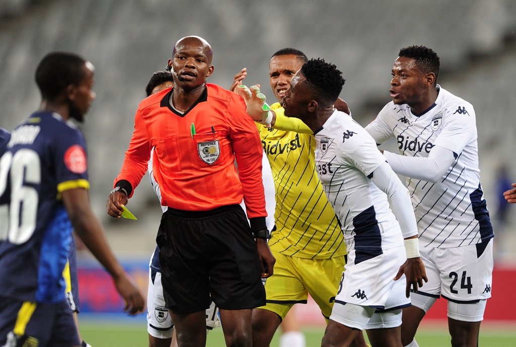 Ricardo Goss of Bidvest Wits pushes referee Masixole Bambiso during the Absa Premiership 2019/20 game between Cape Town City and Bidvest Wits at Cape Town Stadium on 18 January 2020 © Ryan Wilkisky/BackpagePix