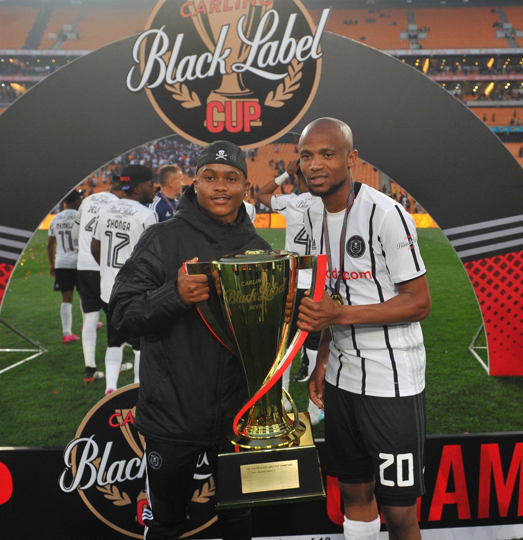 Tebogo Tlolane and Xola Mlambo of Orlando Pirates during the Carling Black Label Cup Match between Kaizer Chiefs and Orlando Pirates  on the 27 July 2019 at FNB Stadium, Soweto Pic Sydney Mahlangu/ BackpagePix
