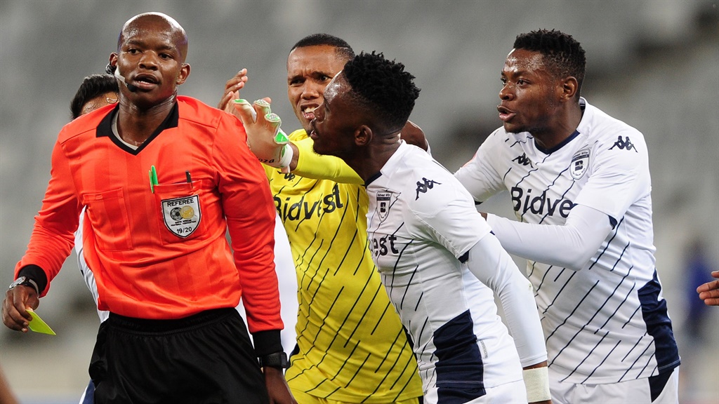 Ricardo Goss of Bidvest Wits pushes referee Masixole Bambiso during the Absa Premiership 2019/20 game between Cape Town City and Bidvest Wits at Cape Town Stadium on January 18. Picture: Ryan Wilkisky/BackpagePix