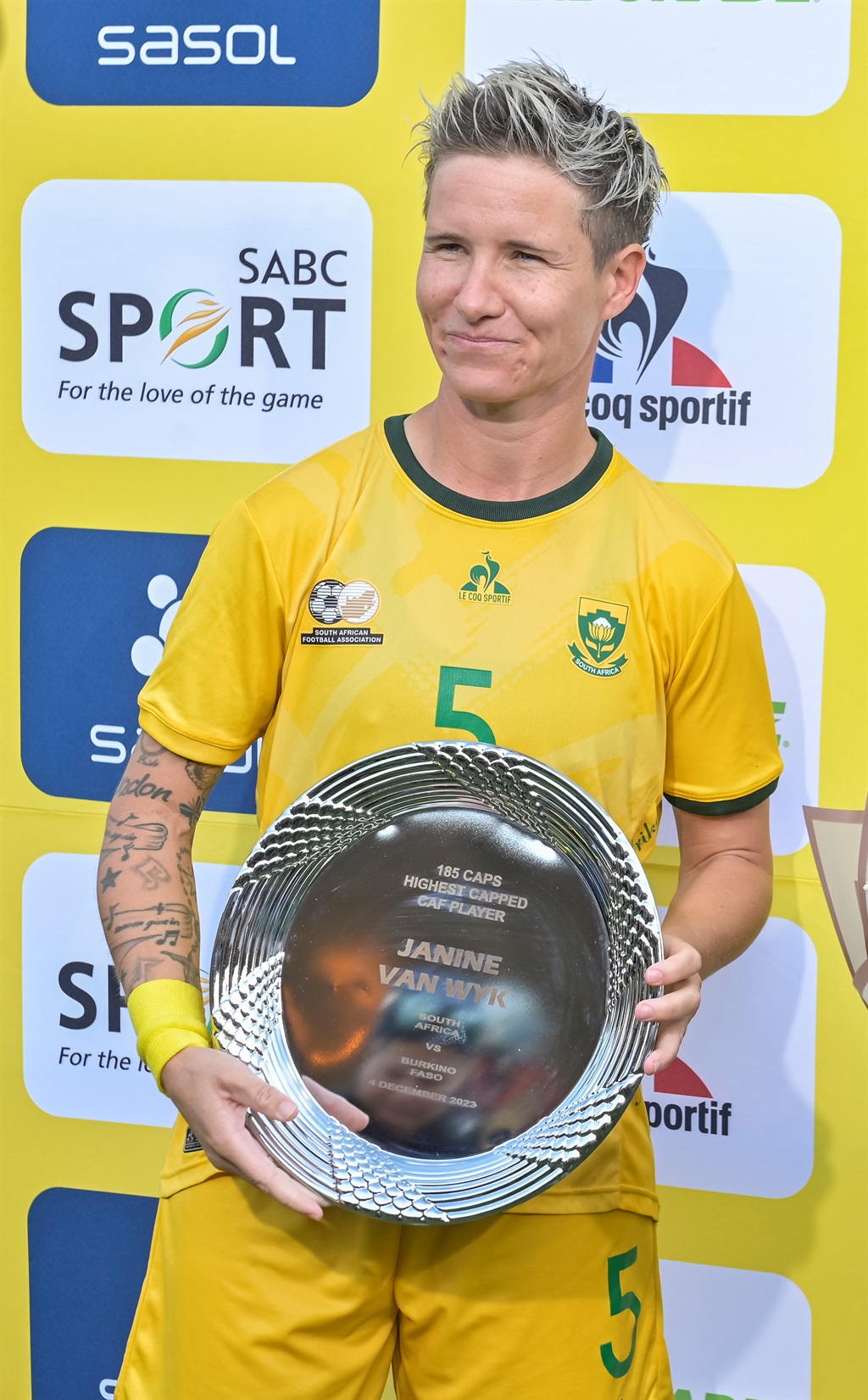 PRETORIA, SOUTH AFRICA - DECEMBER 04:  Janine Van Wyk of South Africa during the 2024 WAFCON Qualifier, 2nd Leg match between South Africa and Burkina Faso at Lucas Moripe Stadium on December 04, 2023 in Pretoria, South Africa. (Photo by Christiaan Kotze/Gallo Images)