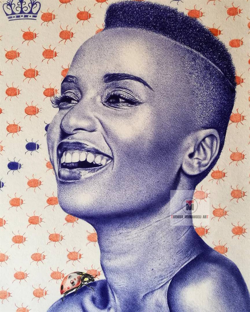 Themba Mkhangeli’s ballpoint-pen-drawn portrait of Miss Universe Zozibini Tunzi.